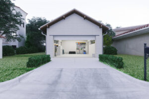Interior view of an open garage door showing the opener mechanism and track system, serviced by Your Other Front Door LLC in Lakewood, CO.
