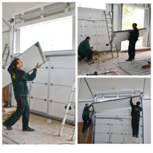 Technicians installing new garage door panels, showcasing a job by Olympus Garage Door Repair in Tempe, AZ.