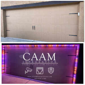 Before and after of a garage door with permanent holiday lighting installed by CAAM Integration LLC in Albuquerque, NM.