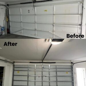 Before and after comparison of a garage door interior, showing a successful repair or replacement by BSD Garage Door Service in Naperville, IL.