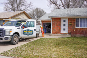 A Prutch's Garage Door technician working on a garage door at a residential home in Colorado Springs, CO.