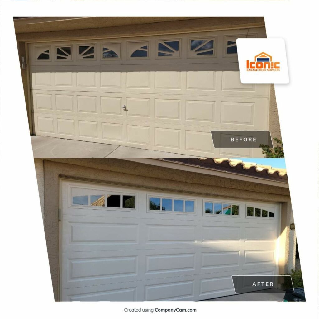Before and after comparison of a garage door replacement by Iconic Garage Door Service in Queen Creek, AZ.