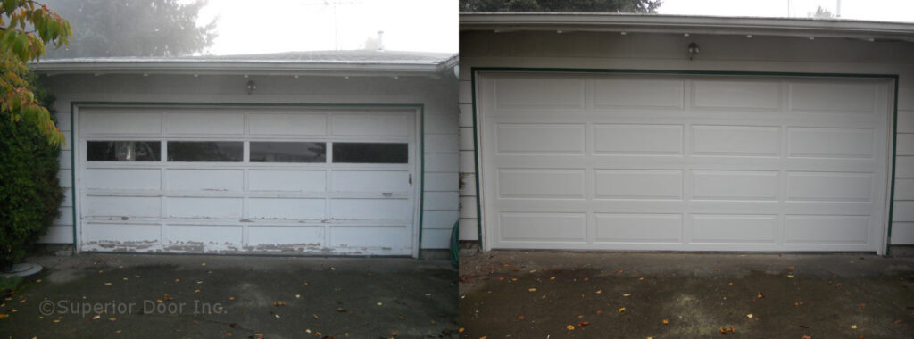 Before and after comparison of a garage door replacement by Superior Garage Door in Saint Paul, MN, showing a new white panel door.