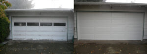 Before and after comparison of a garage door replacement by Superior Garage Door in Saint Paul, MN, showing a new white panel door.