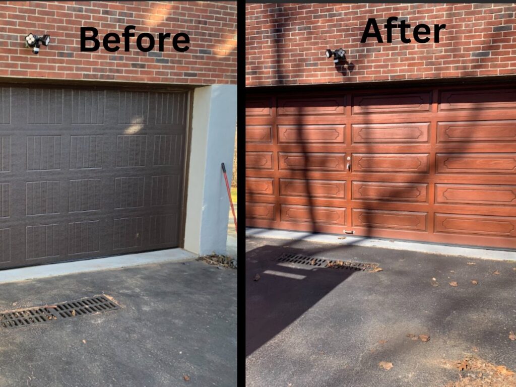 A before and after comparison of a garage door replacement by Team Garage Doors in Mesa, AZ, showing a new brown panel door.