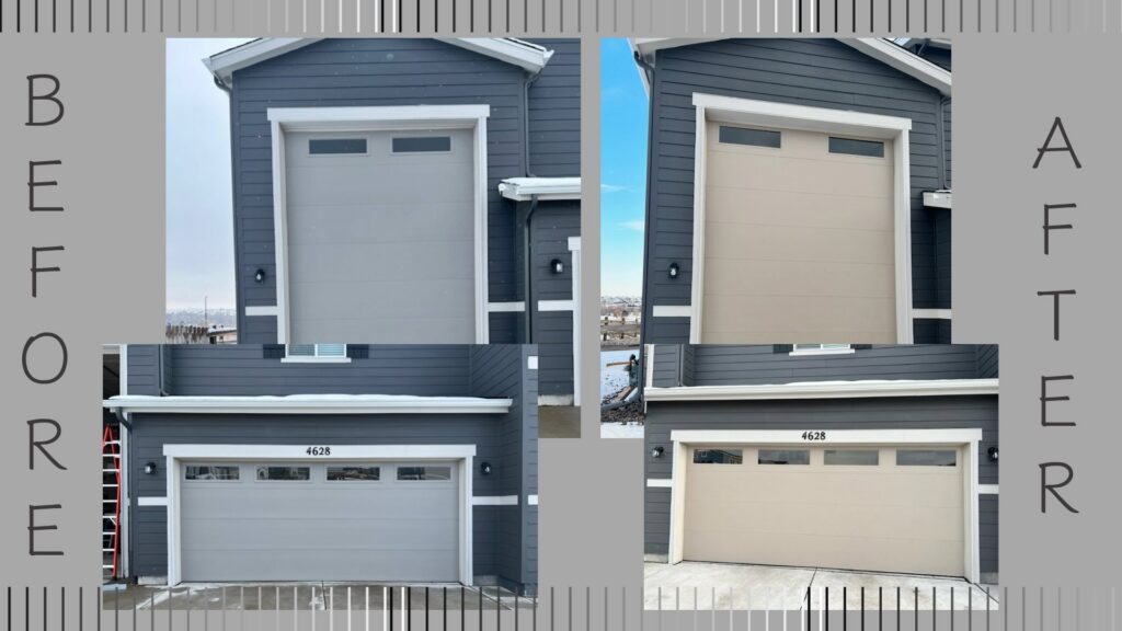 Before and after collage of a garage door replacement by Advanced Door Works in Highlands Ranch, CO