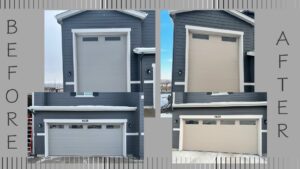 Before and after collage of a garage door replacement by Advanced Door Works in Highlands Ranch, CO