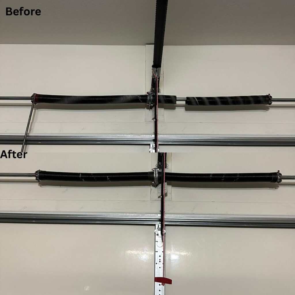Before and after comparison of a garage door spring replacement by Olympus Garage Door Repair in Tempe, AZ.