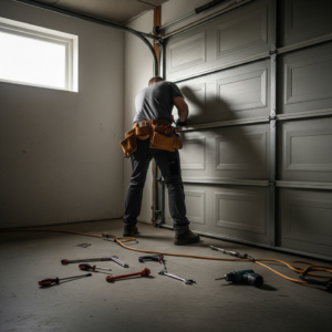 A garage door technician repairing a residential garage door from the inside for Renner Garage Door of St Louis in Valley Park, MO.