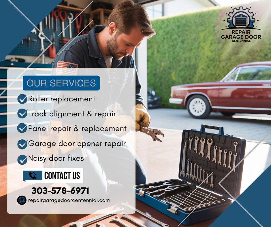 A garage door technician with a toolbox, performing a repair service for Repair Garage Door Centennial- Garage Repair in Centennial, CO.