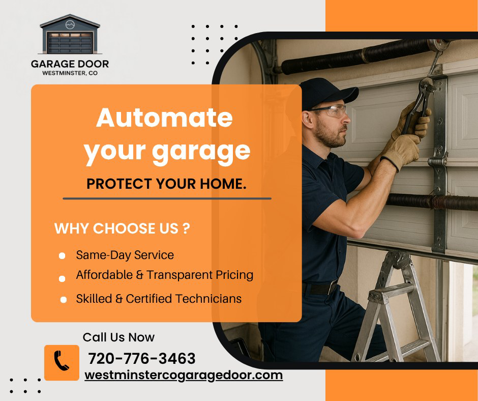 A garage door technician working on the springs and cables of a garage door for Garage Door Westminster, Co in Westminster, CO.