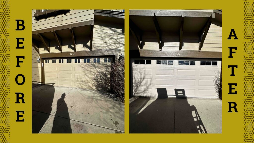 Before and after collage of a garage door upgrade by Advanced Door Works in Highlands Ranch, CO