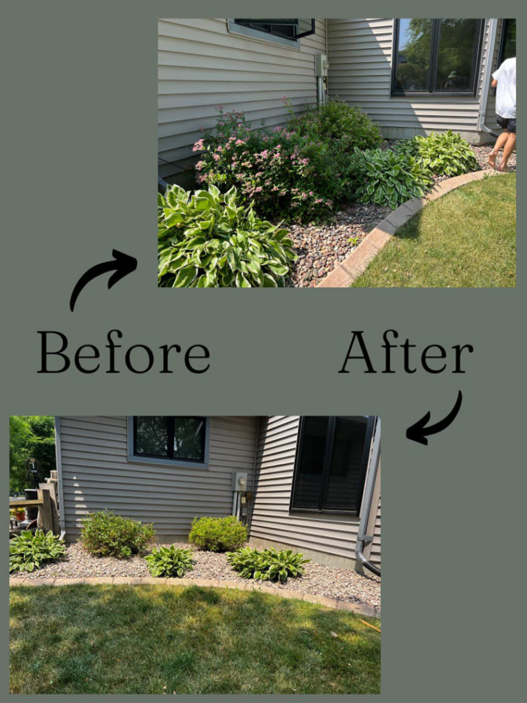 Before and after of expert garden bed maintenance by J&C Lawn Care Service in Madison, WI.