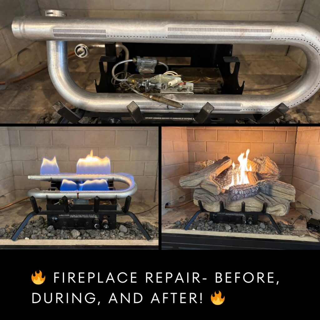 Before, during, and after photos of a gas fireplace repair and installation by Merriam Elite Solutions in Satsuma, AL.