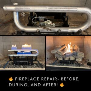 Before, during, and after photos of a gas fireplace repair and installation by Merriam Elite Solutions in Satsuma, AL.
