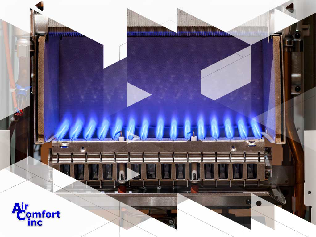 A close-up of a gas furnace burner, representing heating system services by Air Comfort, Inc. in Akron, OH.