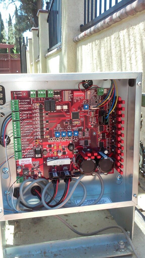 Close-up of a circuit board inside a gate opener control box by Automated Entry Systems Inc in Escondido, CA.