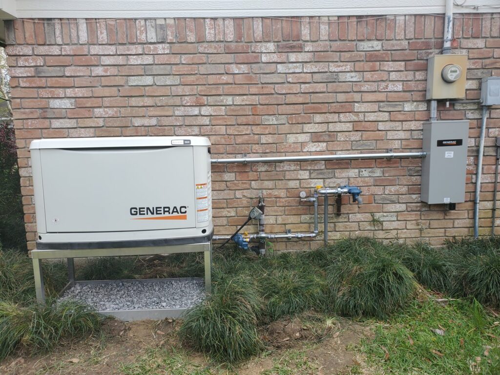 A Generac whole-home generator with gas and electrical lines installed by Optimize Generator People in Baton Rouge, LA.