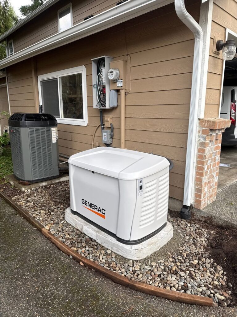 A Generac home standby generator installed next to a house by Washington Generators LLC in Kent, WA.