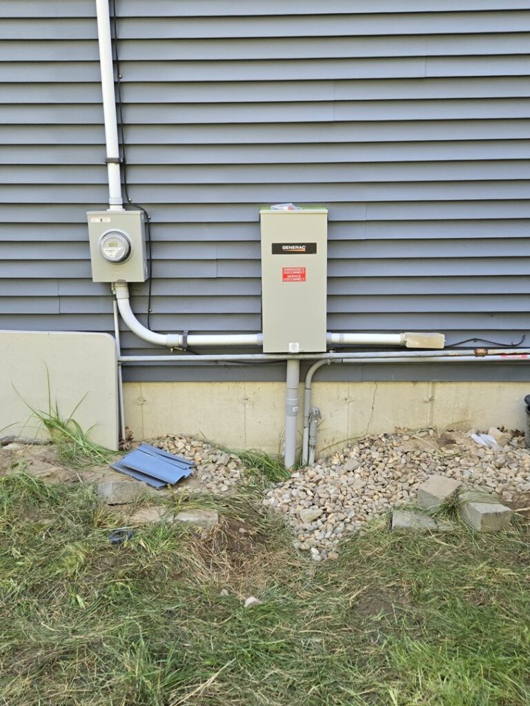 An outdoor electrical meter and a Generac generator transfer switch installed by DHJ Electric in Methuen, MA.