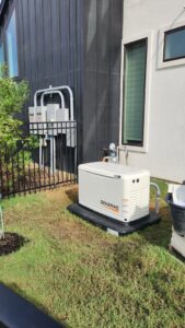 A Generac whole-home generator installation with electrical conduits by Shark Electric in Houston, TX.