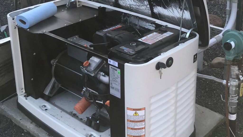 Close-up view of an open Generac generator during maintenance or installation by J C Electric & Solar in Lewiston, ID