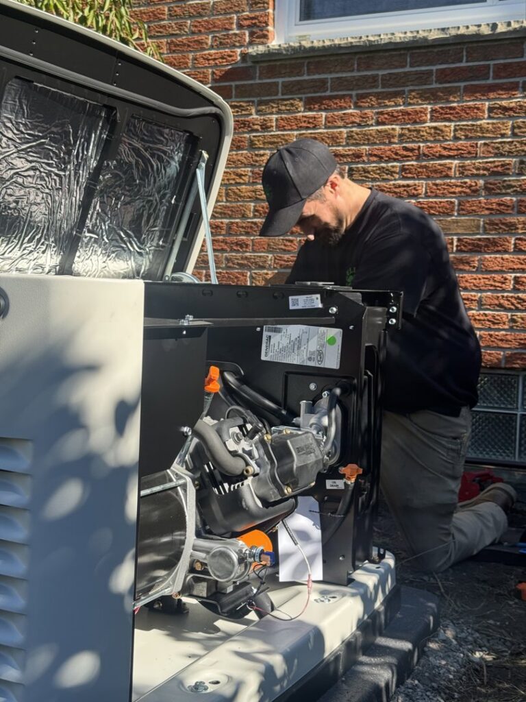A Kelley Brothers LC technician performing maintenance on an open Generac standby generator in Livonia, MI.
