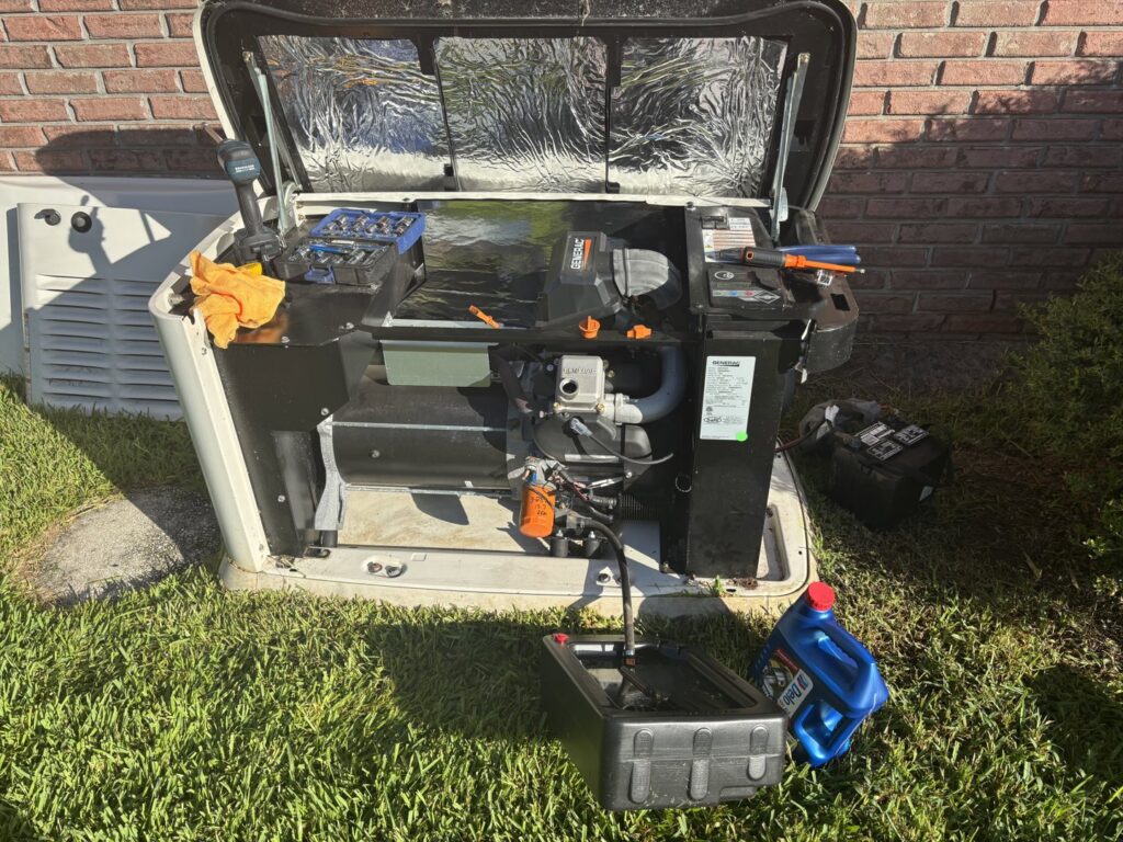A Generac whole-home generator undergoing maintenance or repair by Tenax Electrical Company in Jacksonville, FL.