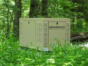 A Generac standby generator installed in a wooded residential area by Midway Electric in Columbia, MO