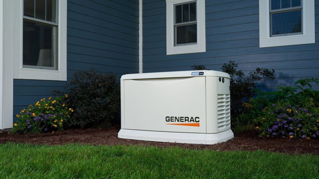 A Generac home standby generator professionally installed next to a blue house by Cason Power Solutions in Lowell, MA