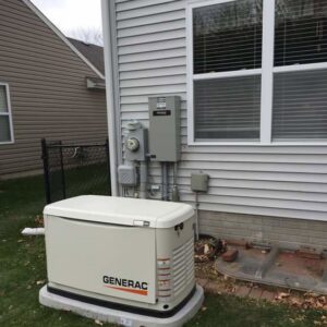 Generac standby generator with electrical connections installed by Crown Enterprises Electrical Contracting in Omaha, NE.