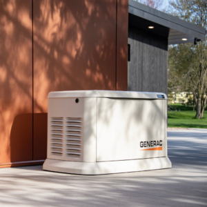 A Generac standby generator installed outside a home by Edelman Heating, Cooling, Plumbing, Electric & Solar in Fairbury, IL.