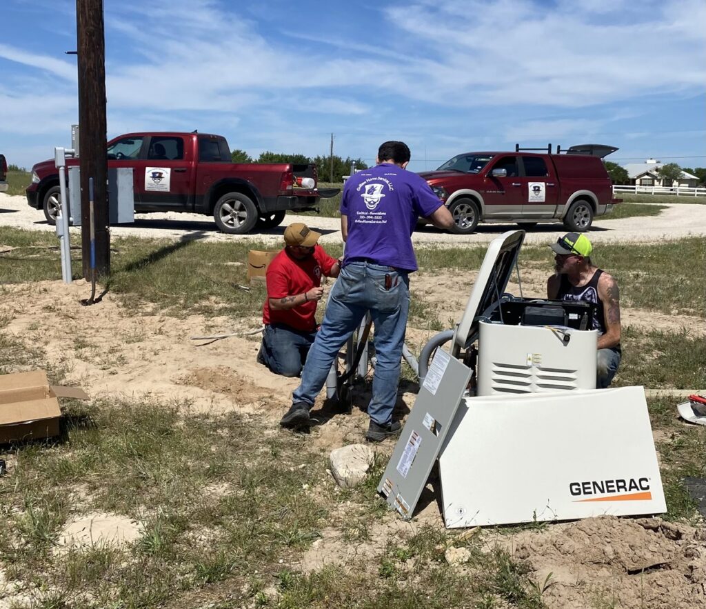Electricians from Outlaw Home Services, LLC installing a Generac whole-home generator in San Antonio, Tx.