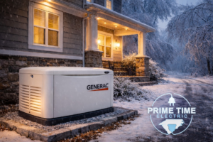 A Generac whole-home generator installed outside a house by Prime Time Electric in Rock Hill, SC.