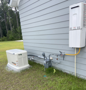 A Generac whole-house generator installation on the side of a home by Strother & Son Electric in Mount Pleasant, SC.