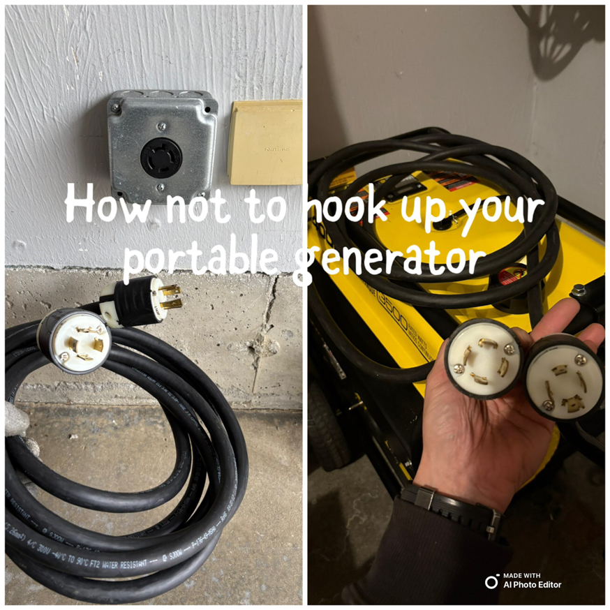 Generator hookup safety information with inlet box and power cords from East West Electric LLC in Chester, NH.