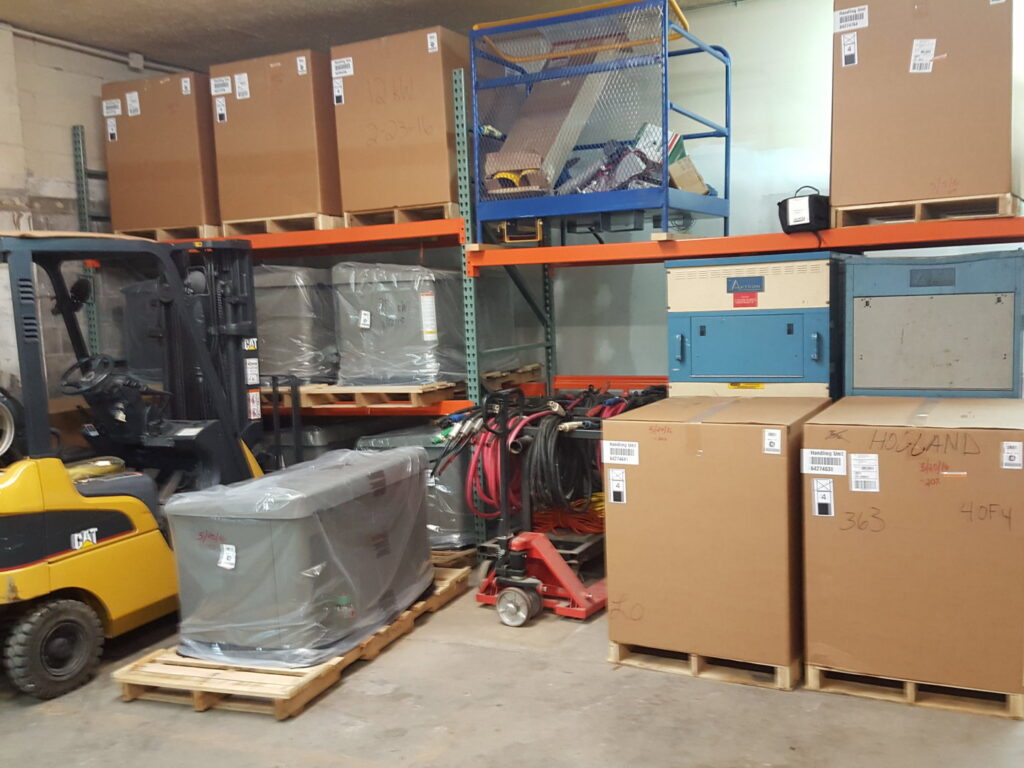 Pallets of generators and electrical equipment ready for installation in the Varitech, Inc. warehouse in Louisville, KY.