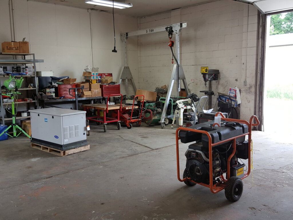Generator service equipment and tools organized inside the Varitech, Inc. warehouse in Louisville, KY.