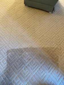 A geometric pattern carpet showing a clear line between cleaned and uncleaned sections by J L Williard Carpet Care in High Point, NC.