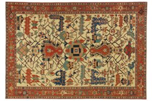 A large geometric patterned area rug with intricate designs, available from Woven Legends in Philadelphia, PA.