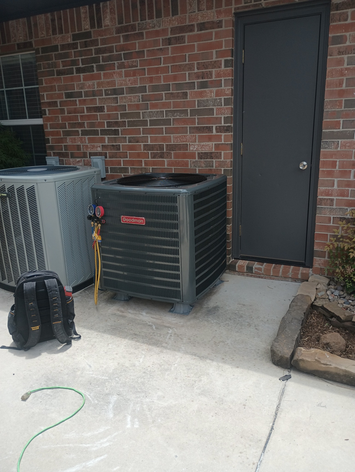 Goodman AC condenser unit being serviced or installed by Air Prime OKC in Oklahoma City, OK