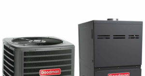Goodman AC unit and furnace ready for installation by TC Heating and Air Conditioning LLC in Elgin, IL.