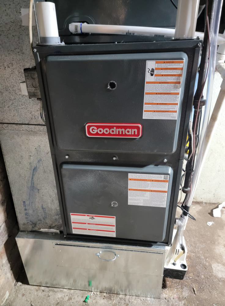 A close-up of a Goodman furnace installed by Working Wolves Heating & Cooling LLC in Lawrence, KS.