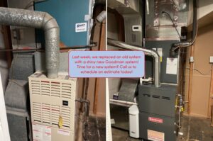 Before and after photos of an old furnace replaced with a new Goodman system by 495 HVAC in Annandale, VA.