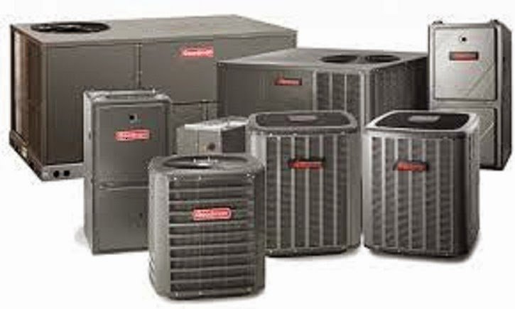 A display of various Goodman HVAC equipment, including furnaces and outdoor units, offered by Johnson's Heating and Cooling in Clarksville, TN.