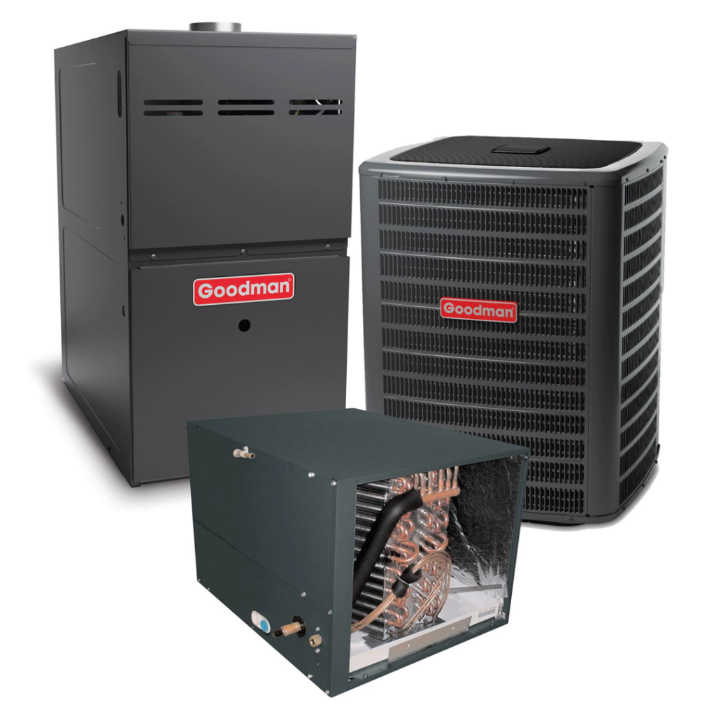 Goodman brand furnace, outdoor AC unit, and evaporator coil for HVAC installation by H & A Heating And Air, Inc. in Pittsburgh, PA