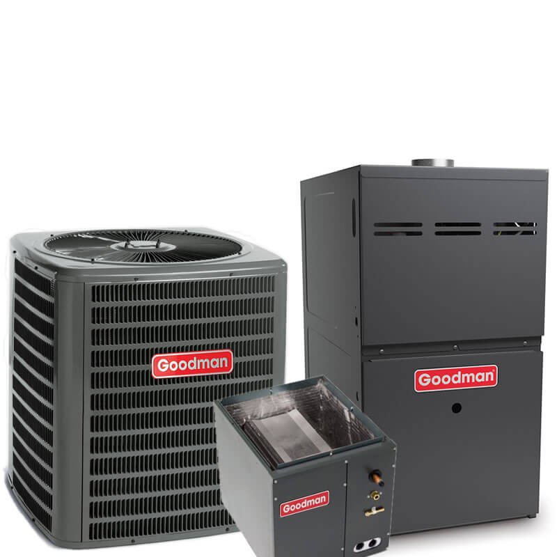Goodman HVAC system components including an AC unit, furnace, and coil from TC Heating and Air Conditioning LLC in Elgin, IL.