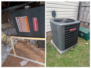 A Goodman indoor furnace/air handler and outdoor AC condenser unit installed by Prestige Heating Cooling & Appliances Llc in Sumter, SC.