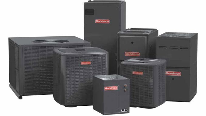 A display of various Goodman brand HVAC systems, including furnaces and AC units, offered by Joe Logan HVAC in Dayton, OH.