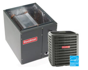 Goodman indoor coil and outdoor AC unit, representing HVAC equipment from Rural Heating and Cooling Systems in Roundup, MT.
